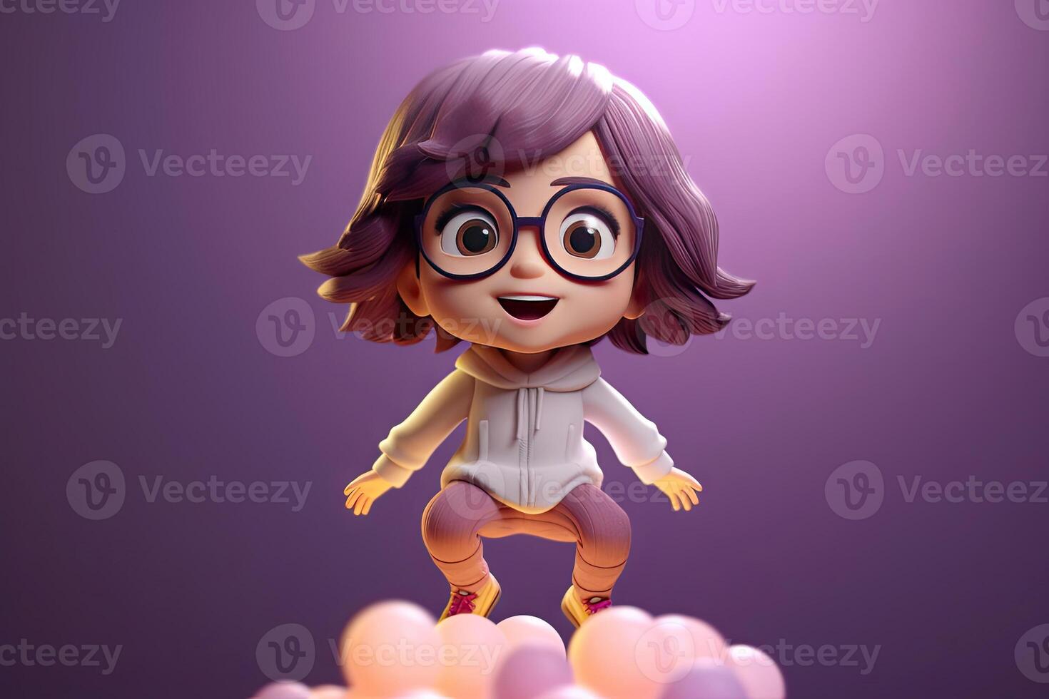 Cute kawaii portrait young or little girl wearing glasses and casual dress that jumping on the air with smile and happiness, floating in colorful background, minimal style, with . photo