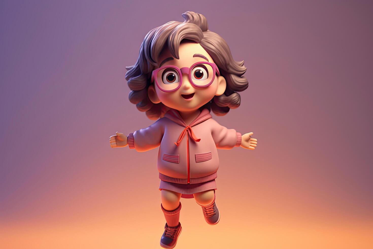 Cute kawaii portrait young or little girl wearing glasses and casual dress that jumping on the air with smile and happiness, floating in colorful background, minimal style, with . photo