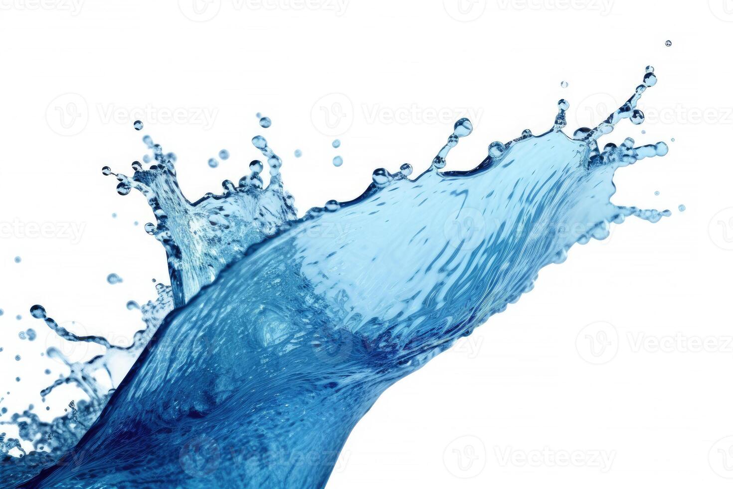 Blue water swirl splash with little bubbles isolated on white background, liquid flowing in form of wave, with . photo