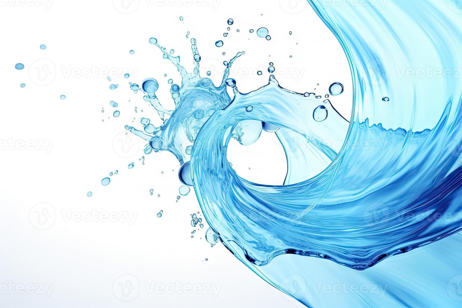 Blue water swirl splash with little bubbles isolated on white background, liquid flowing in form of wave, with . photo
