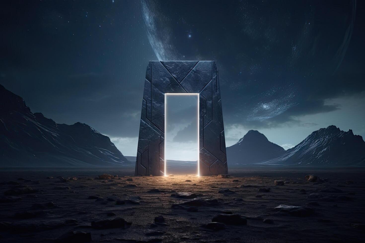 Abstract portal stone gate with neon glowing light in the dark space landscape of cosmic, rocky mountain stone field, spectrum light effect, with . photo