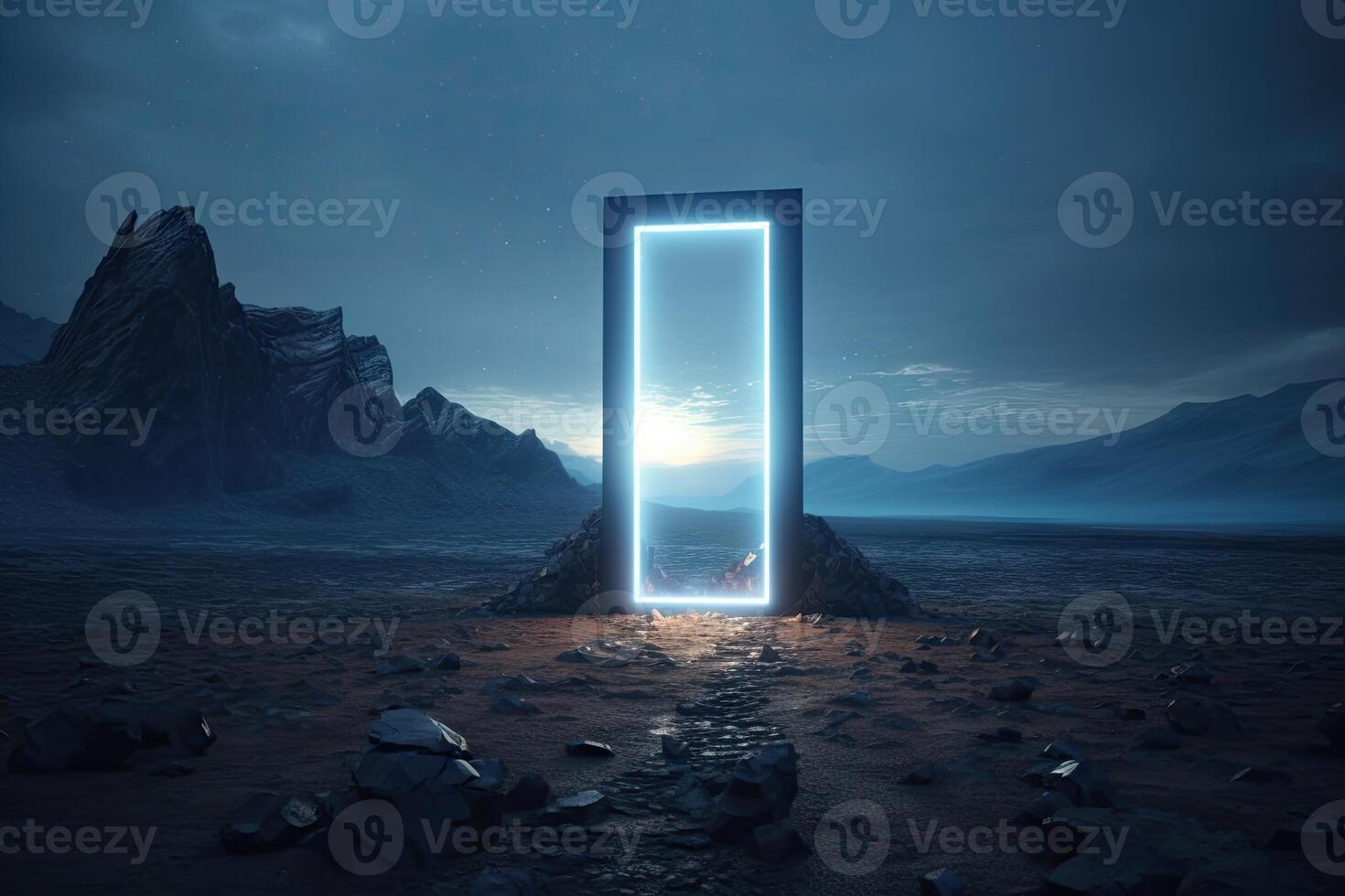 Abstract portal stone gate with neon glowing light in the dark space landscape of cosmic, rocky mountain stone field, spectrum light effect, with . photo