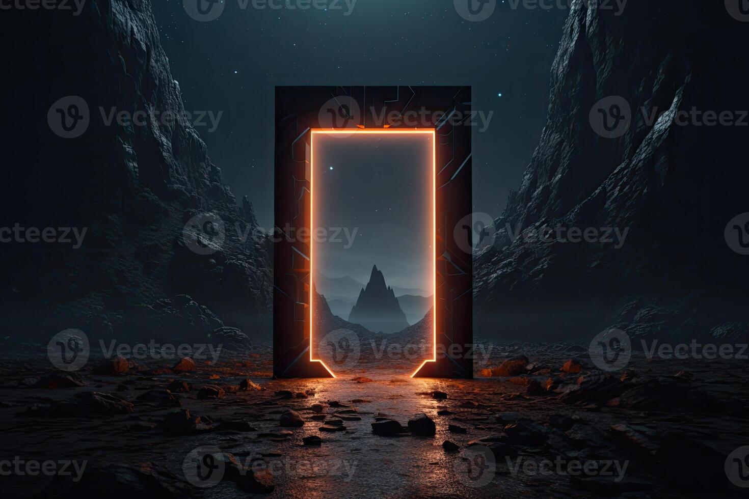Abstract portal stone gate with neon glowing light in the dark space landscape of cosmic, rocky mountain stone field, spectrum light effect, with . photo