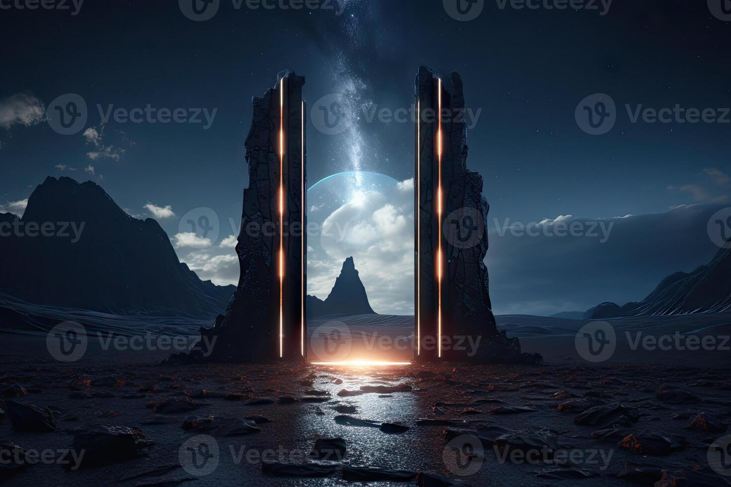 Abstract portal stone gate with neon glowing light in the dark space landscape of cosmic, rocky mountain stone field, spectrum light effect, with . photo