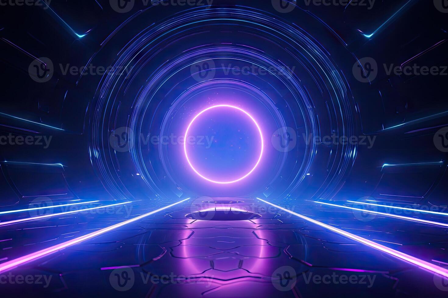 Abstract portal stone gate with neon glowing light in the dark space landscape of cosmic, rocky mountain stone field, spectrum light effect, with . photo