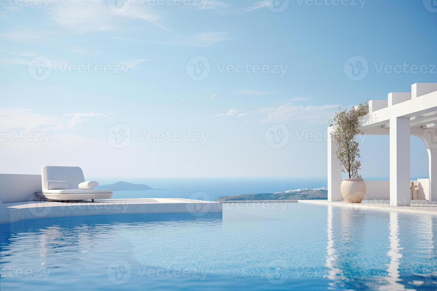 White Mediterranean Modern and luxury Hotel lounge building architecture design concept, summer villa house residence and private with swimming pool and sea view, resort, with . photo