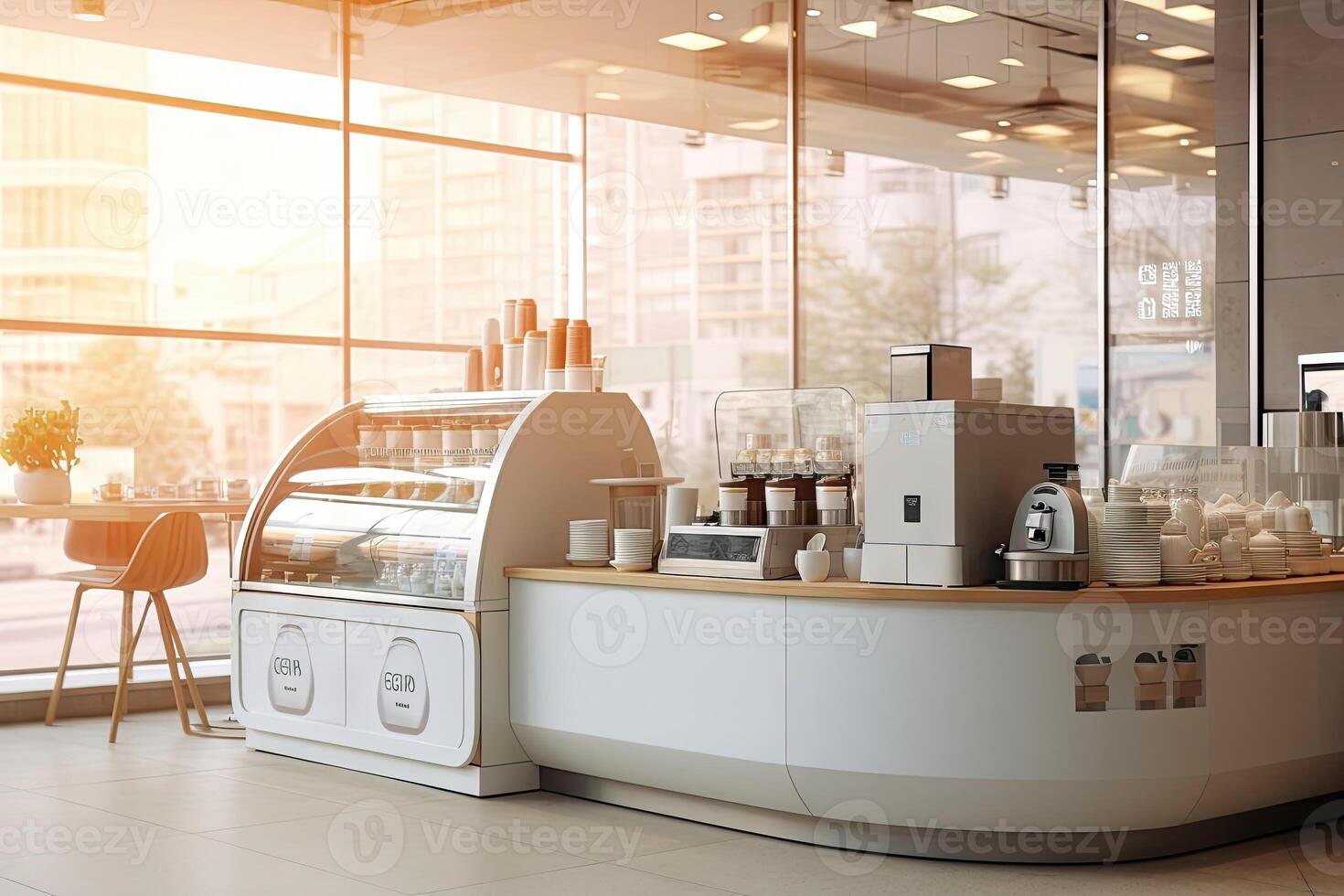 Minimal interior design coffee cafe bar shop with beige cozy tone style