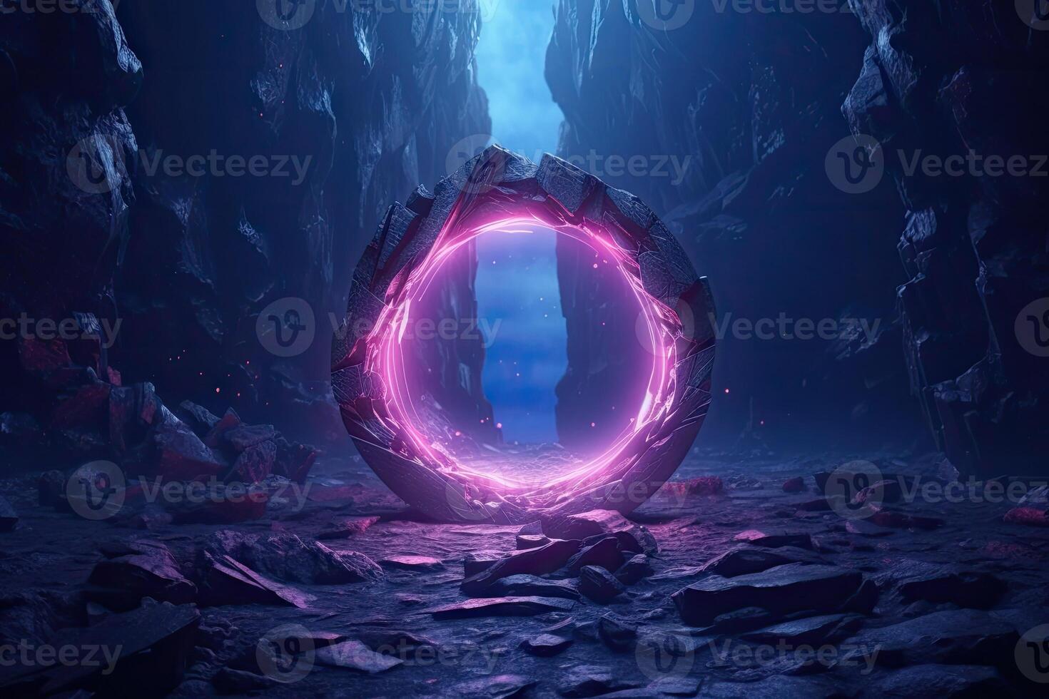 Abstract portal stone gate with neon glowing light in the dark space landscape of cosmic, rocky mountain stone field, spectrum light effect, with . photo