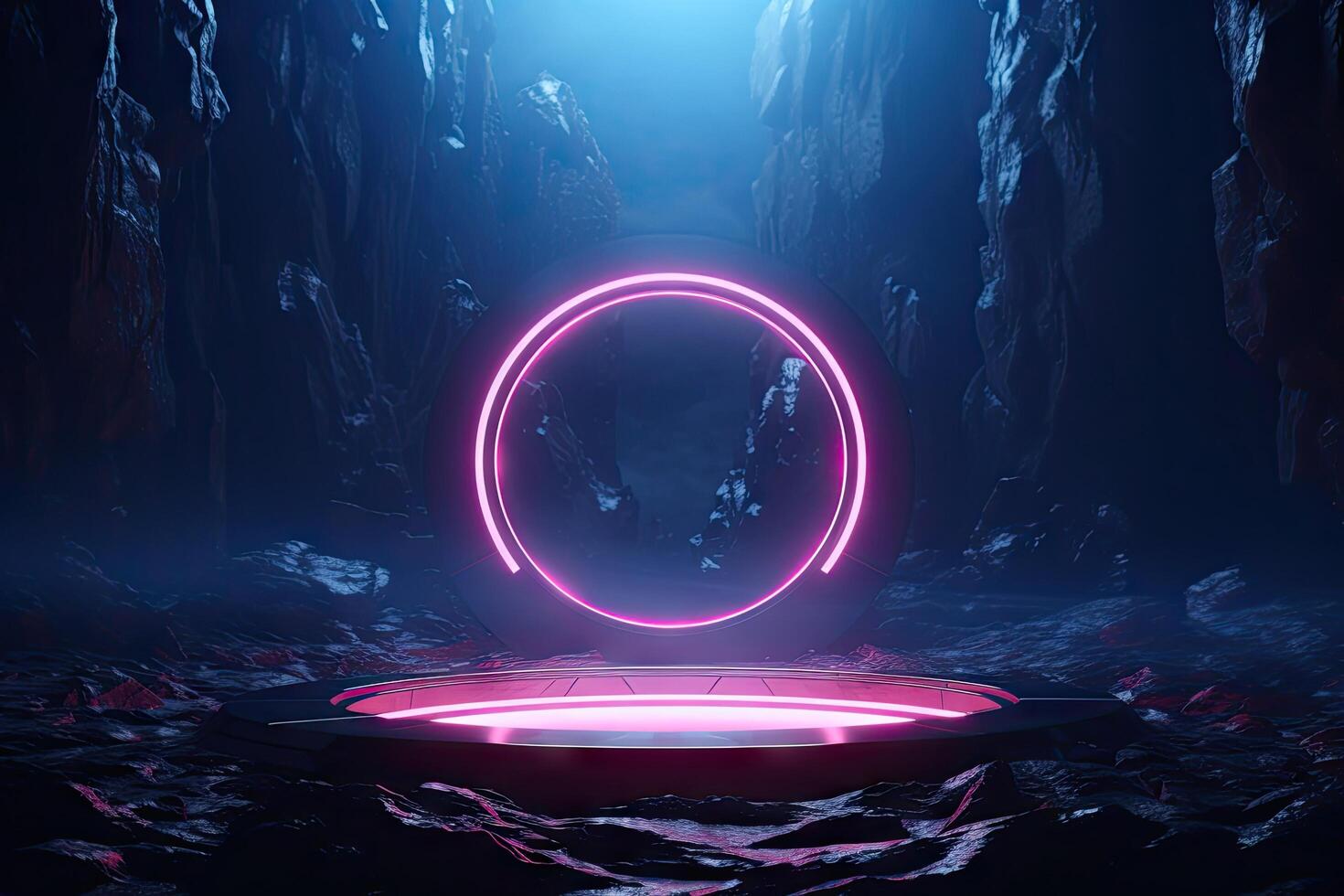 Abstract portal stone gate with neon glowing light in the dark space landscape of cosmic, rocky mountain stone field, spectrum light effect, with . photo