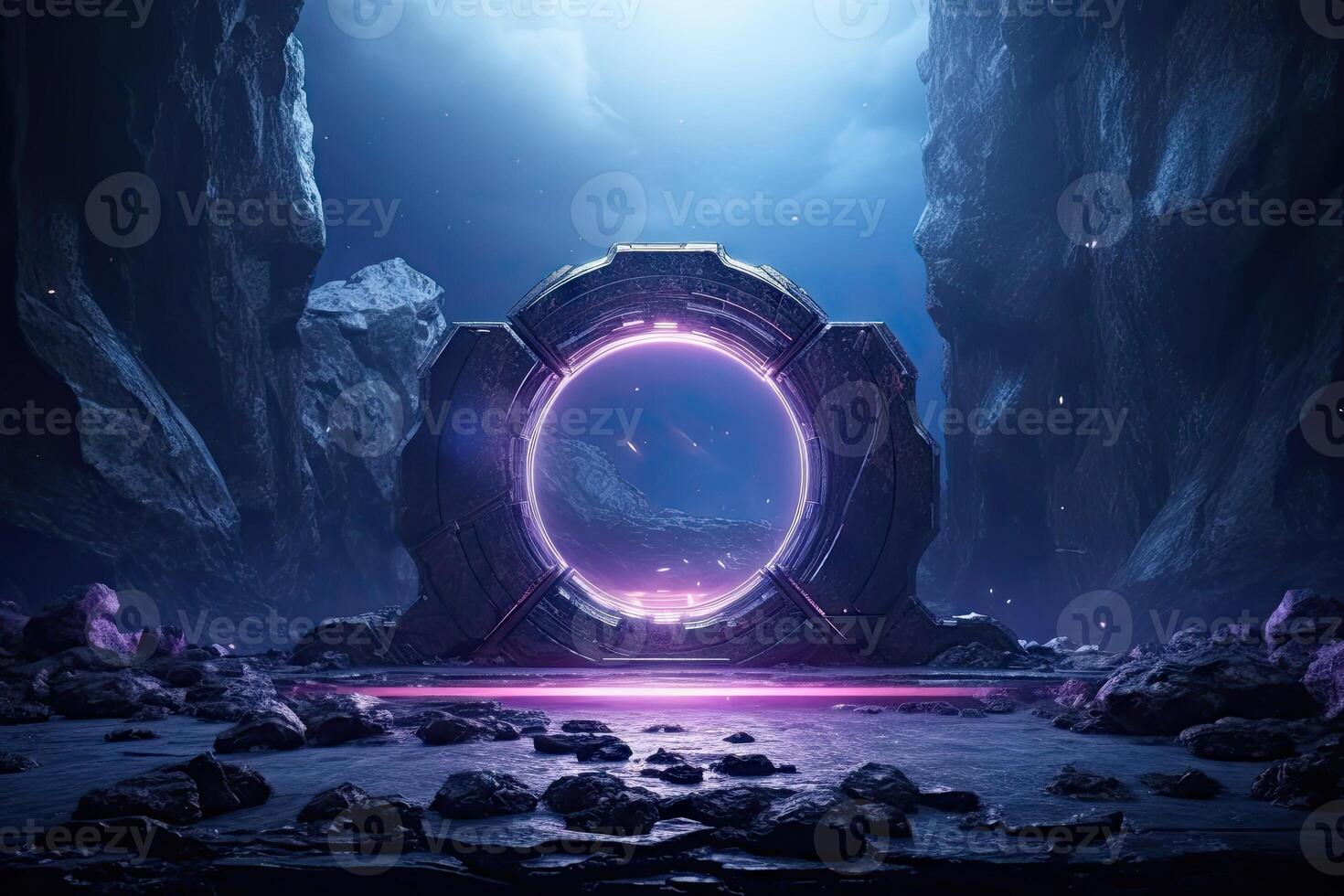 Abstract portal stone gate with neon glowing light in the dark space landscape of cosmic, rocky mountain stone field, spectrum light effect, with . photo