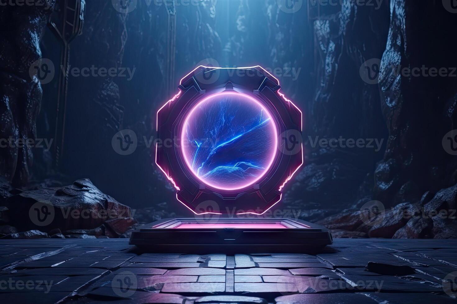 Abstract portal stone gate with neon glowing light in the dark space landscape of cosmic, rocky mountain stone field, spectrum light effect, with . photo
