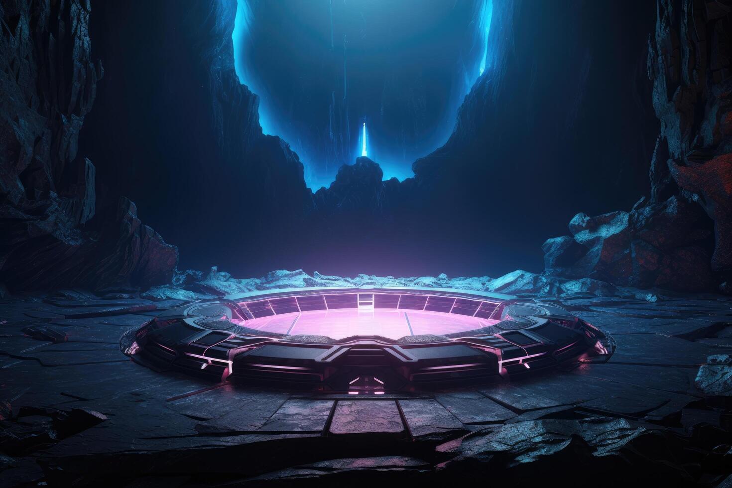 Abstract portal stone gate with neon glowing light in the dark space landscape of cosmic, rocky mountain stone field, spectrum light effect, with . photo