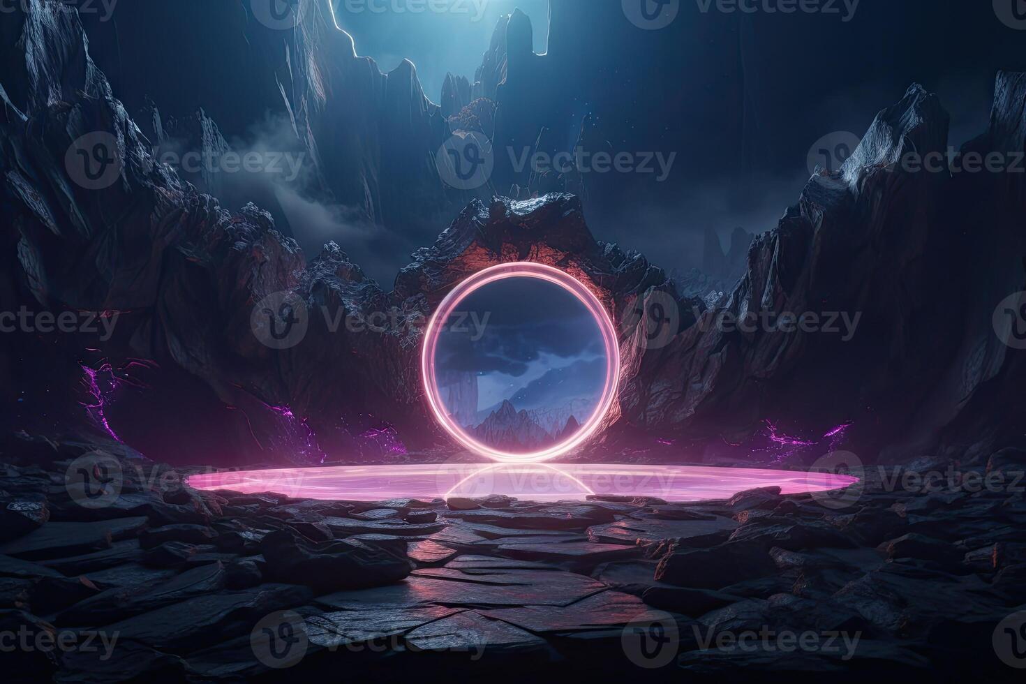 Abstract portal stone gate with neon glowing light in the dark space landscape of cosmic, rocky mountain stone field, spectrum light effect, with . photo