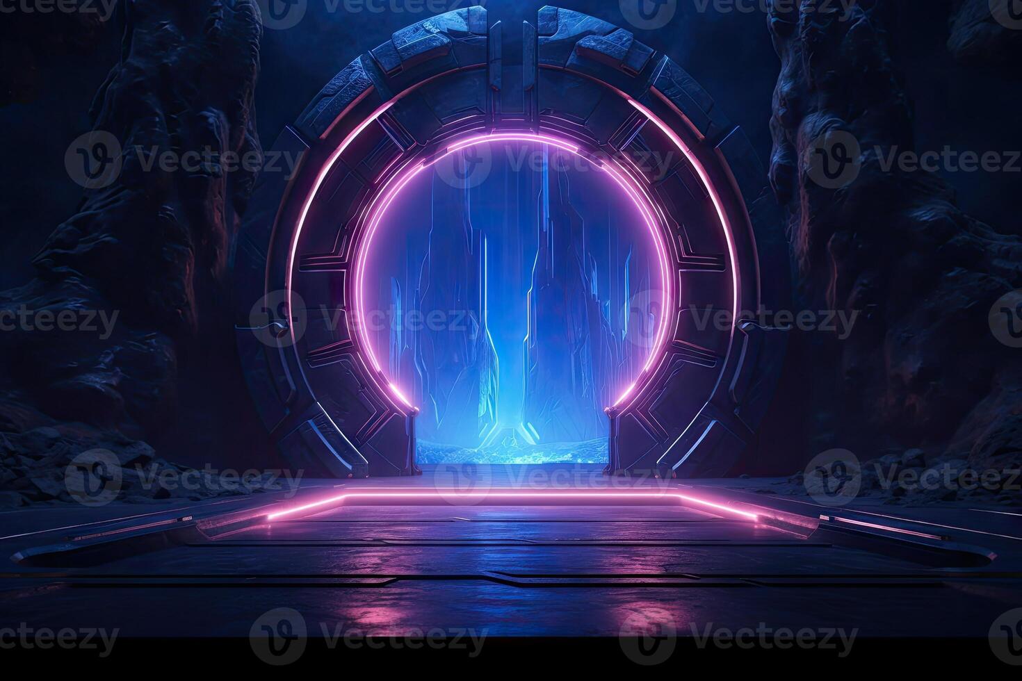 Abstract portal stone gate with neon glowing light in the dark space landscape of cosmic, rocky mountain stone field, spectrum light effect, with . photo