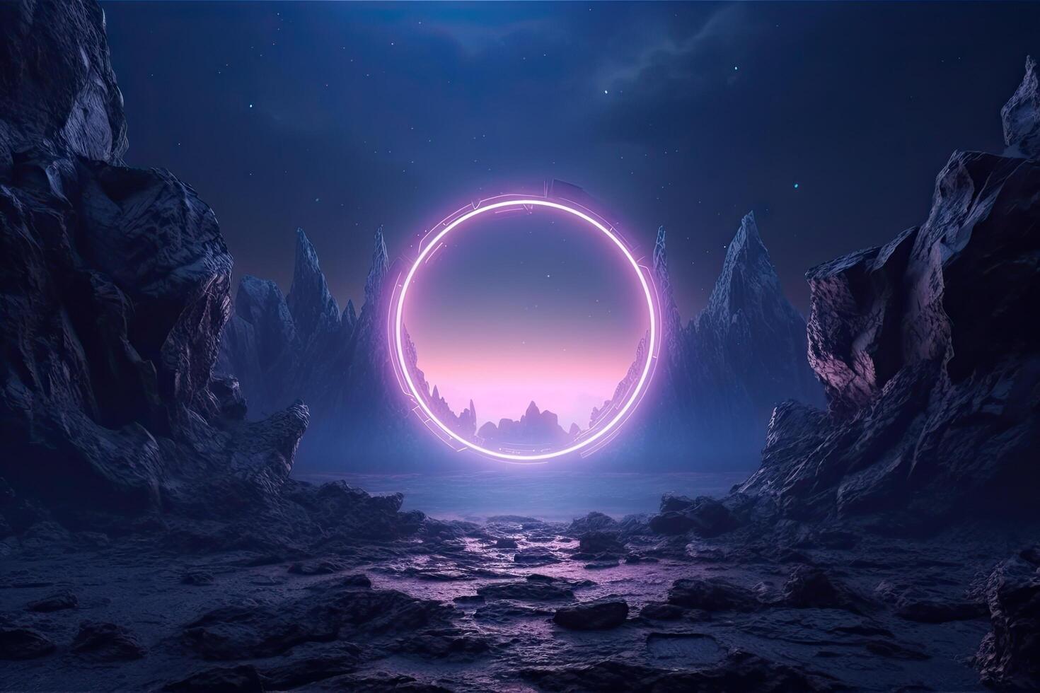 Abstract portal stone gate with neon glowing light in the dark space landscape of cosmic, rocky mountain stone field, spectrum light effect, with . photo