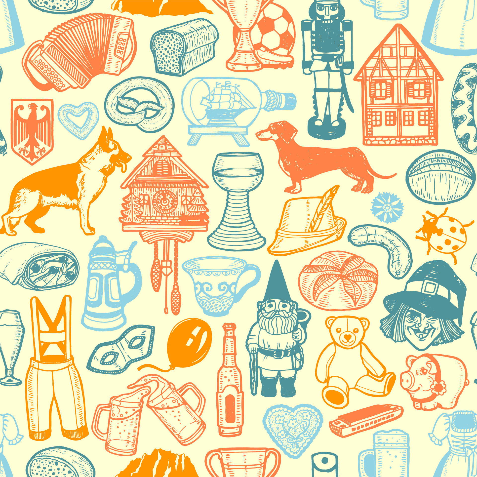 German Symbols Pattern. Seamless Background in Hand Drawn Style for