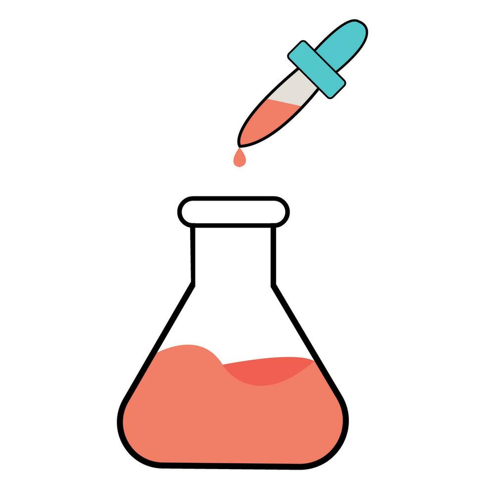 Chemical Bottle Test Tube icon. Chemistry Glass Flask Beaker with chemical liquid. Lab test container Potion icon Apparatus Micropipette. Laboratory Glassware dropper vial and ampule Science equipment vector