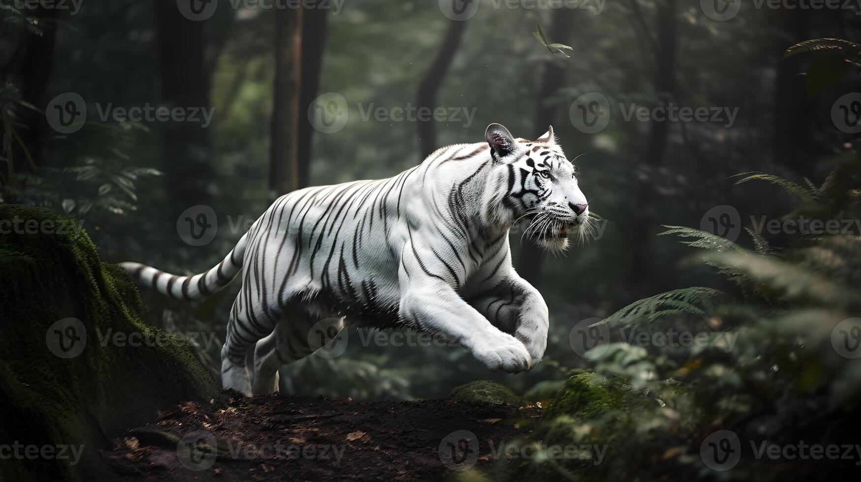 Excited white tiger running and jump in the jungle with green plants on the background. Generative AI. photo