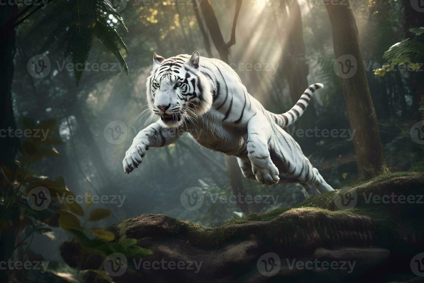 Excited white tiger running and jump in the jungle with green plants on the background. Generative AI. photo