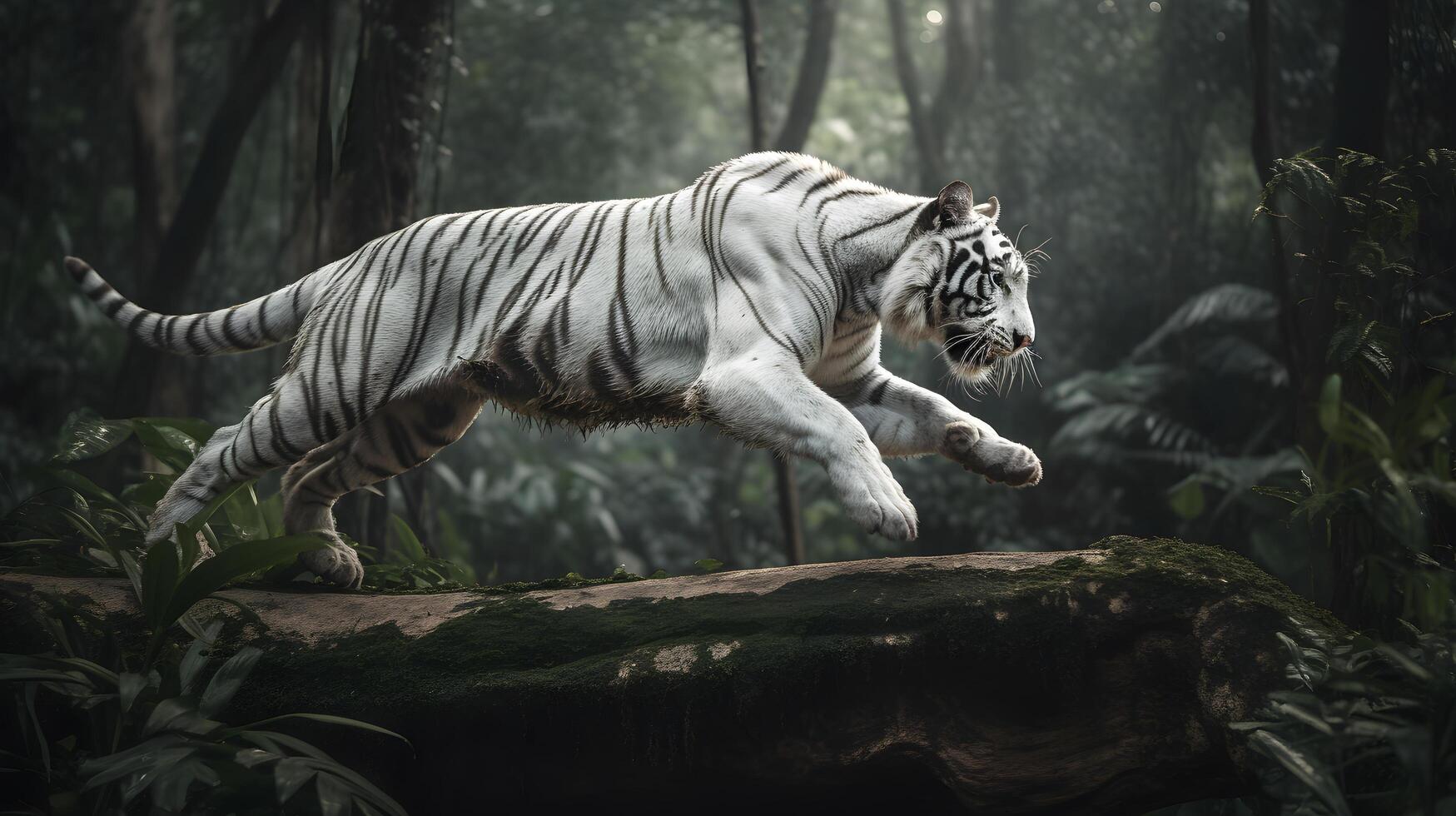 Excited white tiger running and jump in the jungle with green plants on the background. . photo