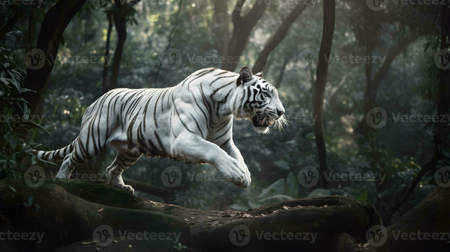 Great white tiger running and jump in the jungle with green plants on the background. Generative AI. photo