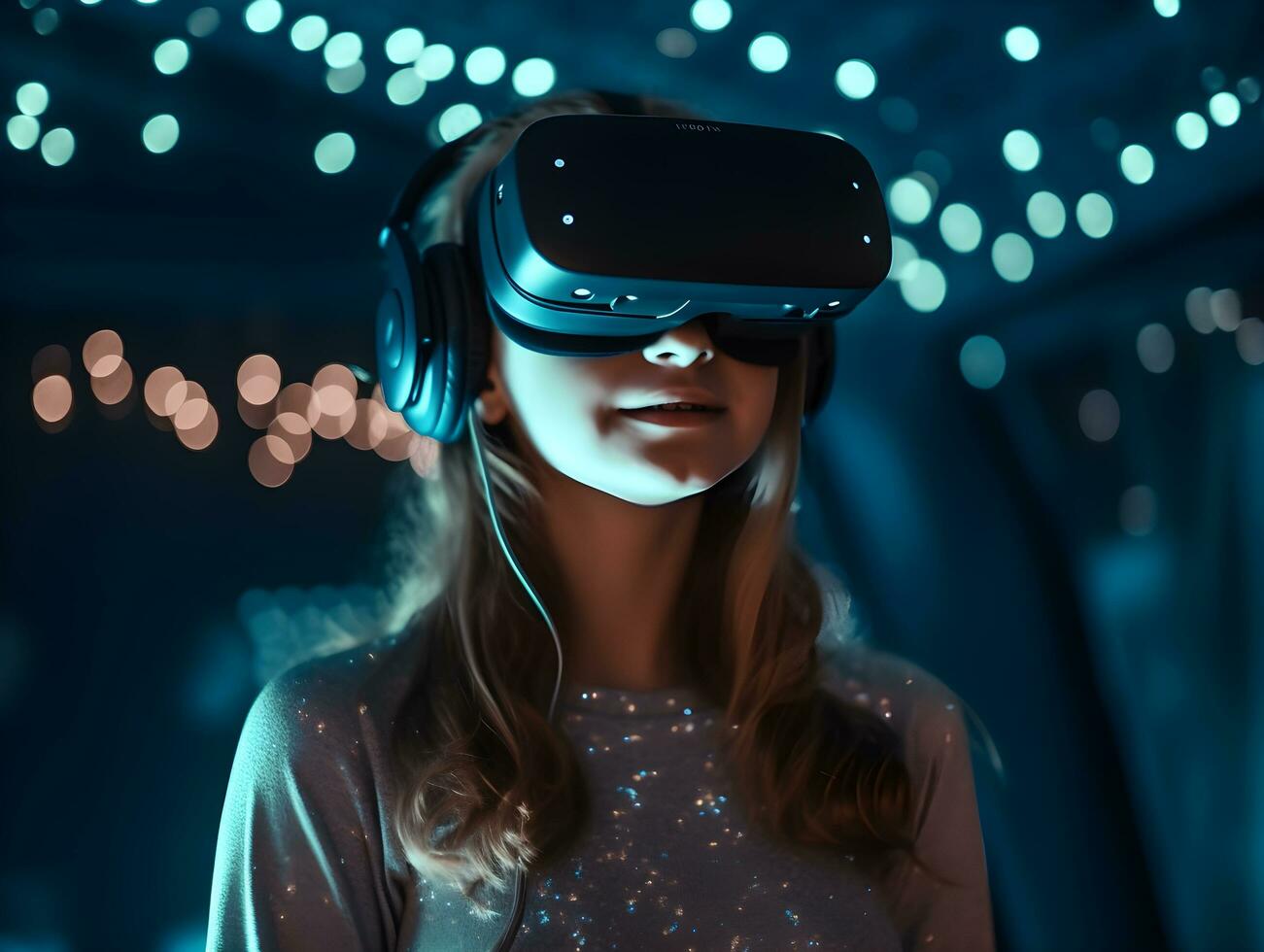 Beautiful young girl with virtual reality goggles. Future technology concept. photo