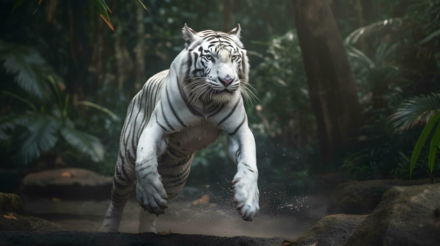 Excited white tiger running and jump in the jungle with green plants on the background. Generative AI. photo