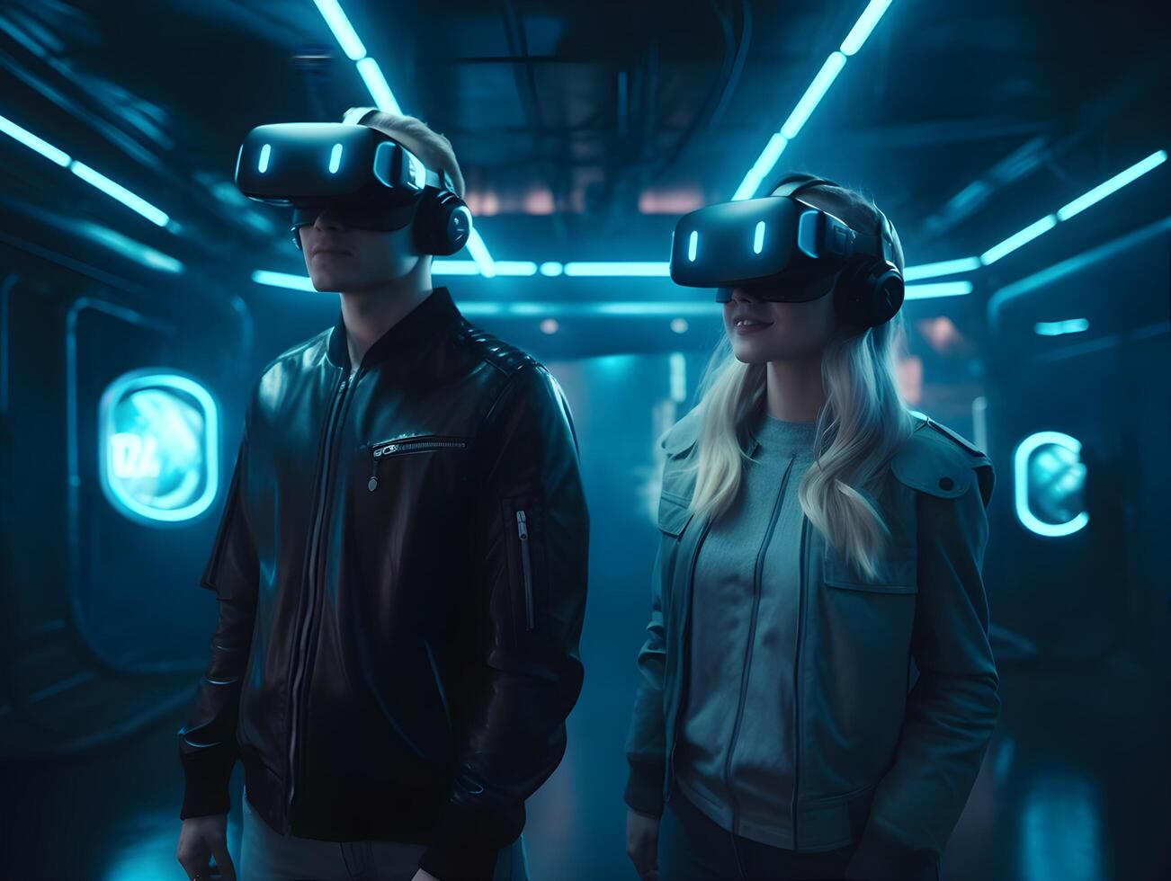 Happy friends playing games wearing virtual reality glasses with controllers. Isolated on future room background. technology. photo