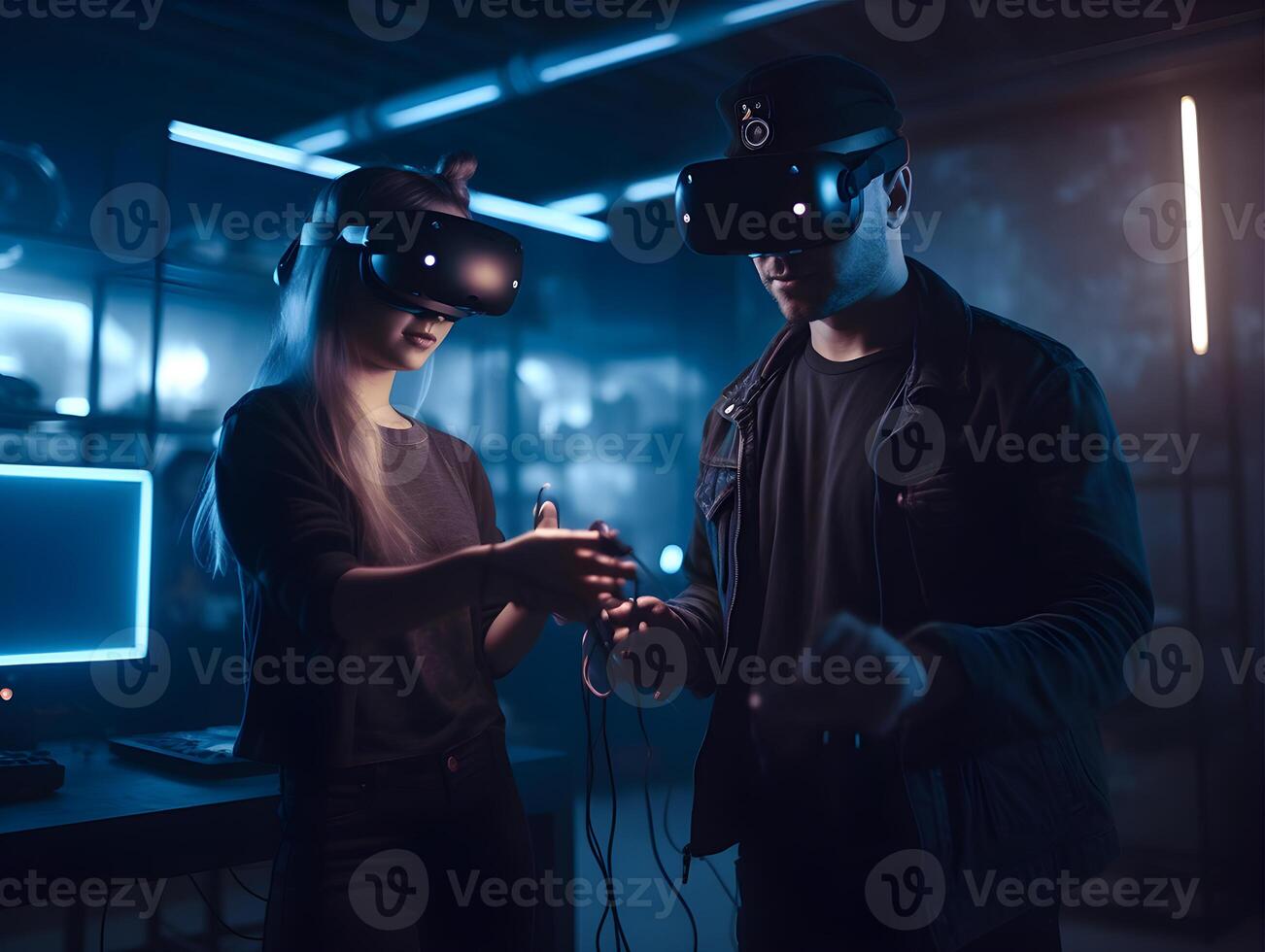 Happy friends playing video games wearing virtual reality glasses