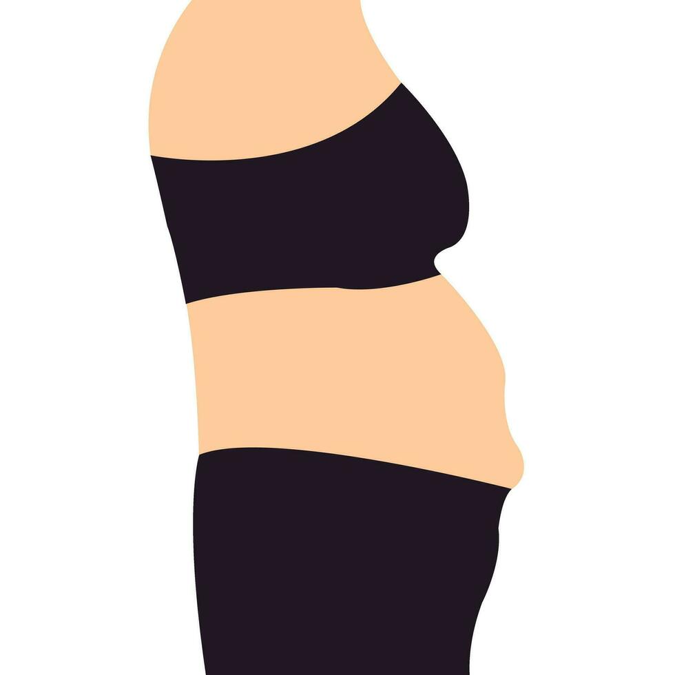 mujer barriga barriguita pliegue flácido piel hembra cuerpo abdomen. alcohol hormonal estresado mamá delantal hundimiento saliente superficial barriguita demostrando liposucción dieta peso pérdida grasa barriga Delgado estómago vector