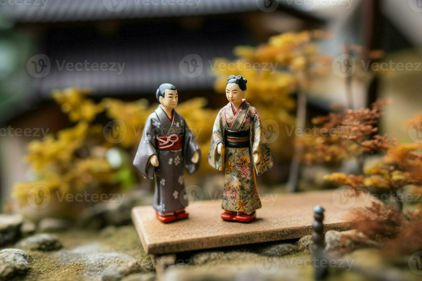 Miniature Japanese vintage wedding, natural diorama. Japanese wife and husband in traditional outfits. Concept of classical romance, love and relationships created with Generative AI Technology photo