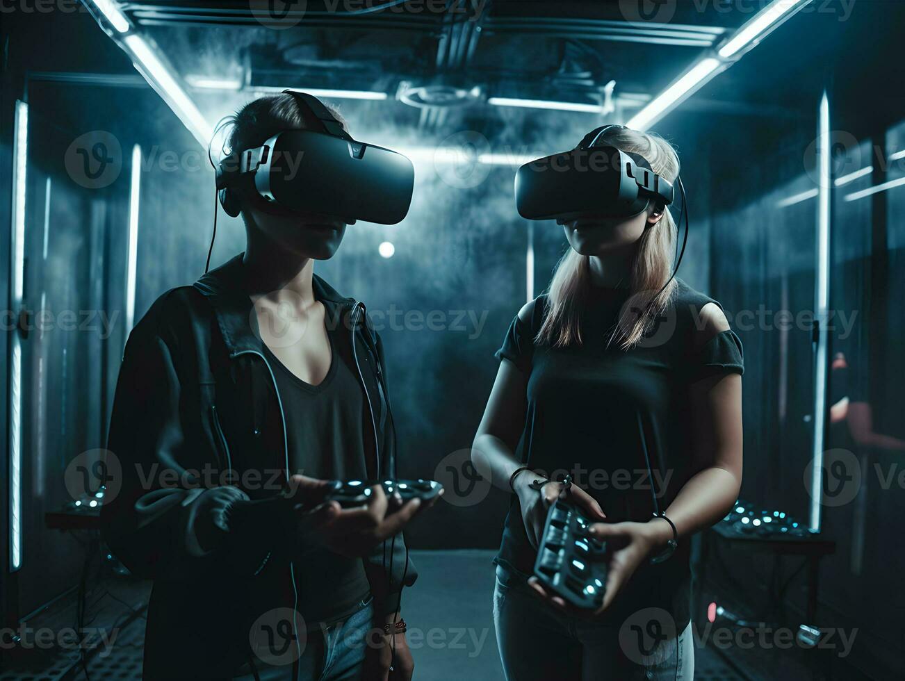 Happy friends playing video games wearing virtual reality glasses with controllers. Isolated on future room background. Generative AI technology. photo