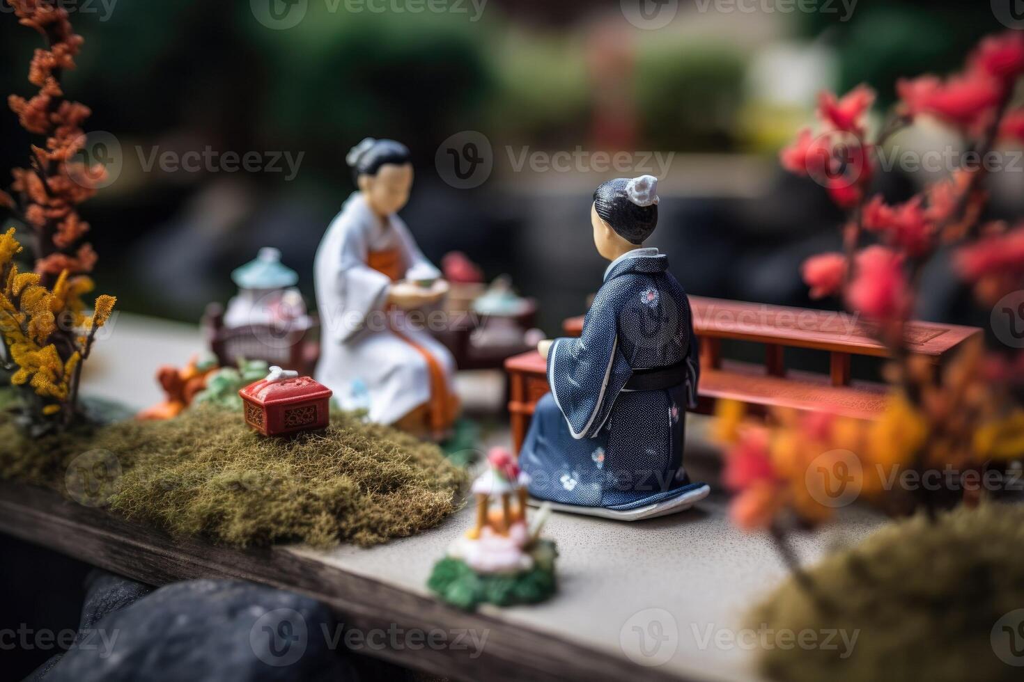 Miniature Japanese vintage wedding, natural diorama. Japanese wife and husband in traditional outfits. Concept of classical romance, love and relationships created with Generative AI Technology photo