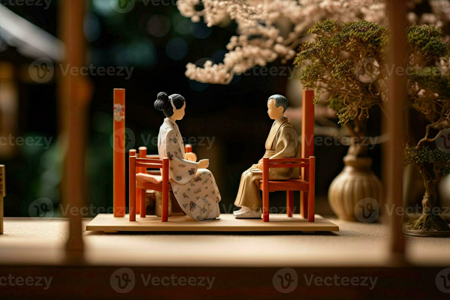 Miniature Japanese vintage wedding, natural diorama. Japanese wife and husband in traditional outfits. Concept of classical romance, love and relationships created with Generative AI Technology photo