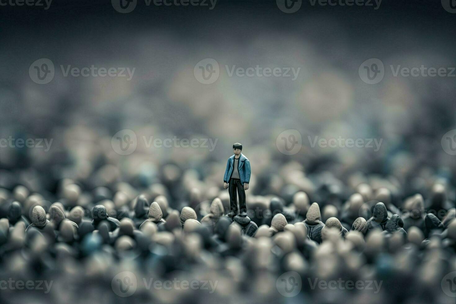 Lonely man among gray crowd. Atmospheric concept of sadness, loneliness, thoughtfulness and search for meaning in life created with Generative AI Technology photo