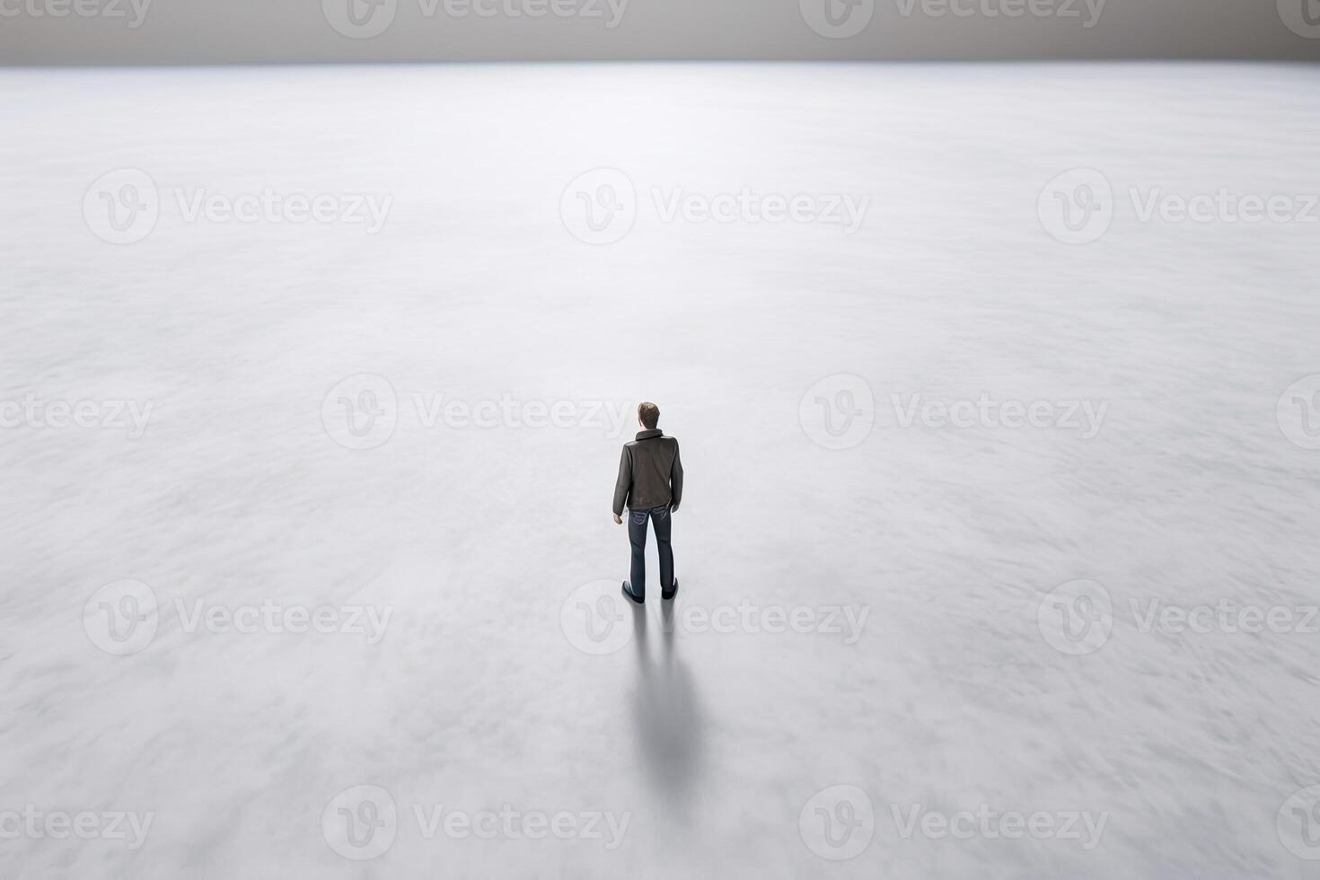 Lonely man stands in middle of empty space. Psychological Concept of loneliness, emptiness, sadness, helplessness created with Technology photo
