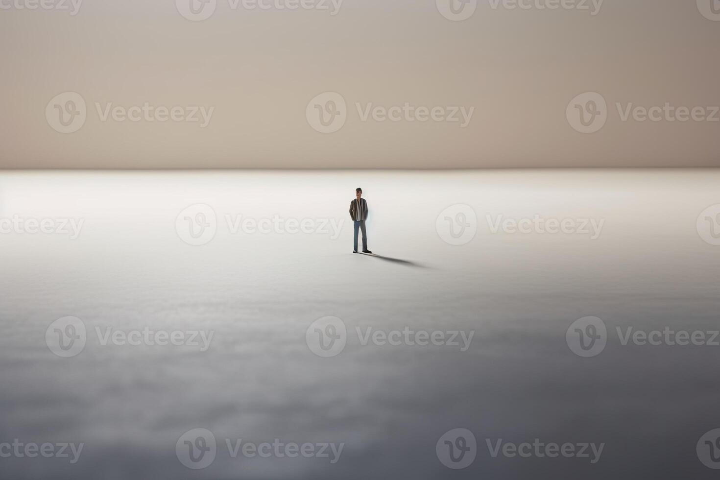 Lonely man stands in middle of empty space. Psychological Concept of loneliness, emptiness, sadness, helplessness created with Technology photo