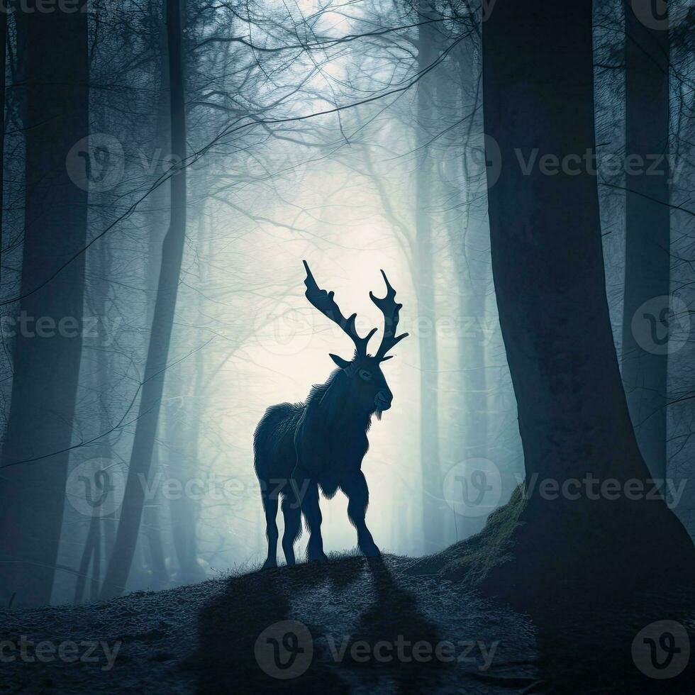 cabra en brumoso bosque. salvaje bosque lanoso animal. melancólico misterioso bosque creado con generativo ai tecnología foto