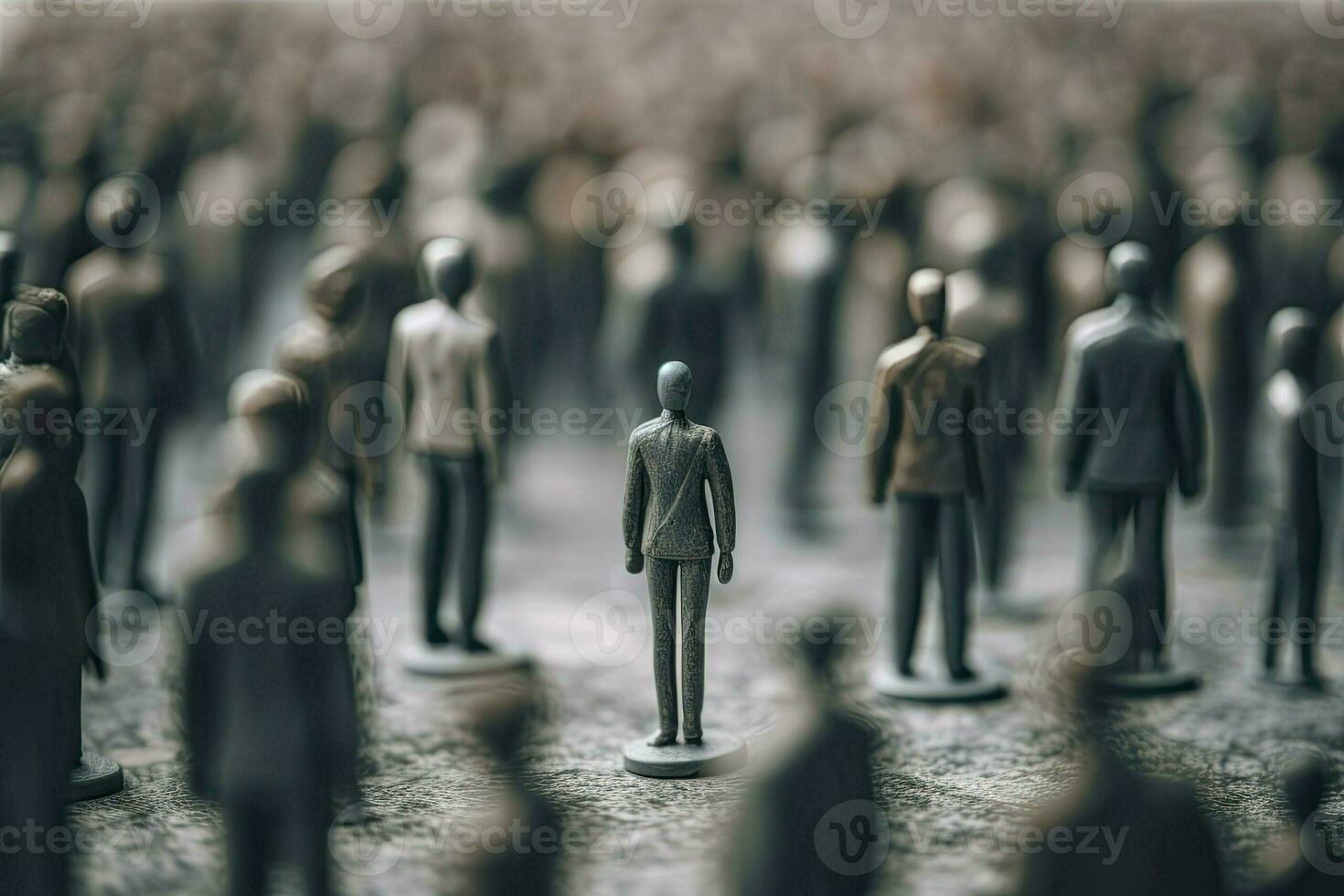 Lonely man among gray crowd. Atmospheric concept of sadness, loneliness, thoughtfulness and search for meaning in life created with Generative AI Technology photo