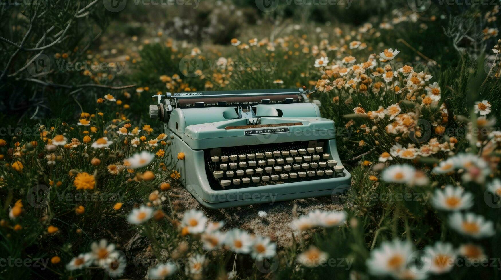 Typewriter and flowers. Concept of creativity, writing. Retro vintage Instrument of poet and writer created with Generative AI Technology photo