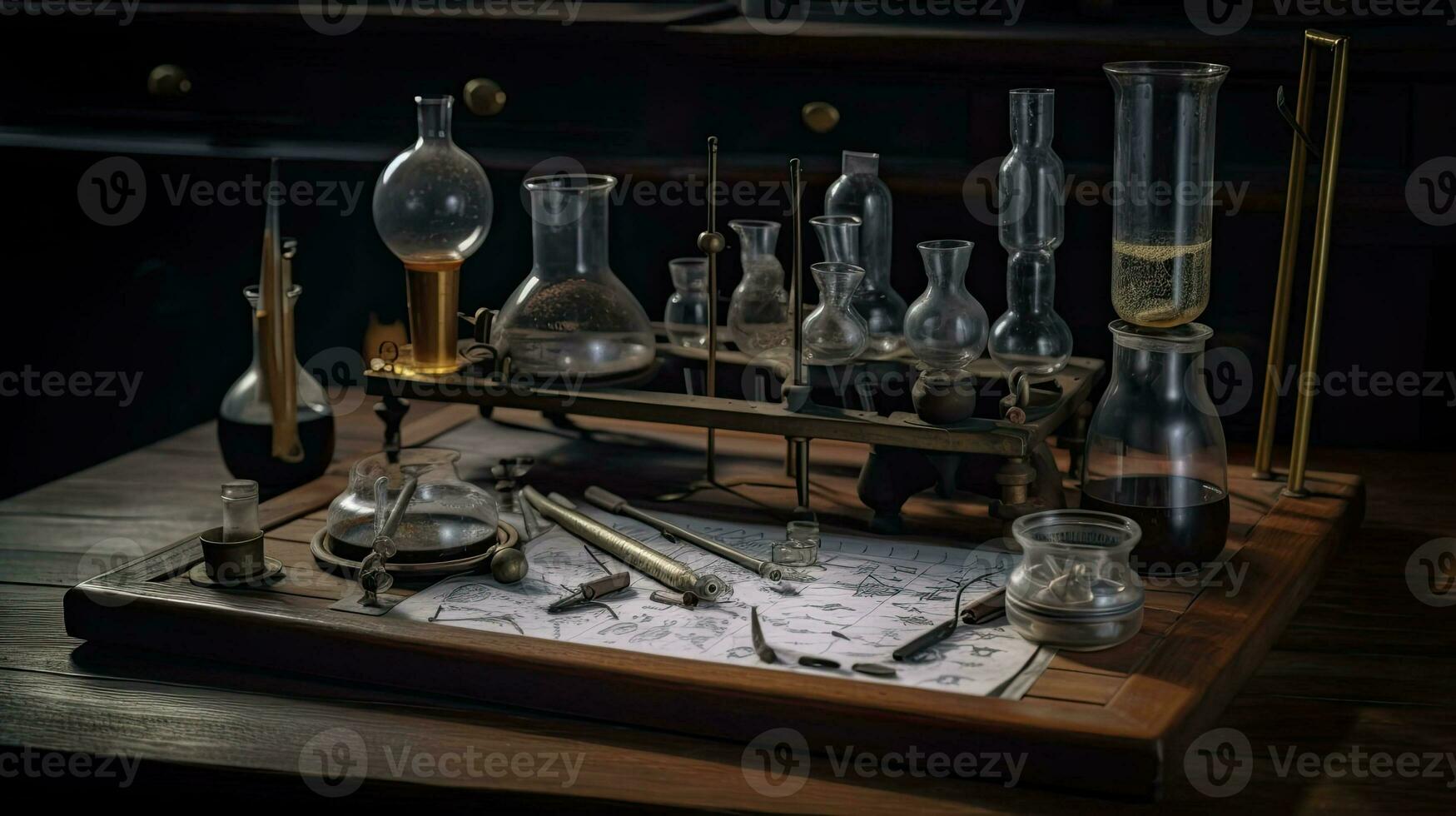 Alchemical table. Equipment and decorations of magician and sorcerer for chemistry. Table with magic glass bottles. Retro vintage vintage medical office created with Generative AI Technology photo