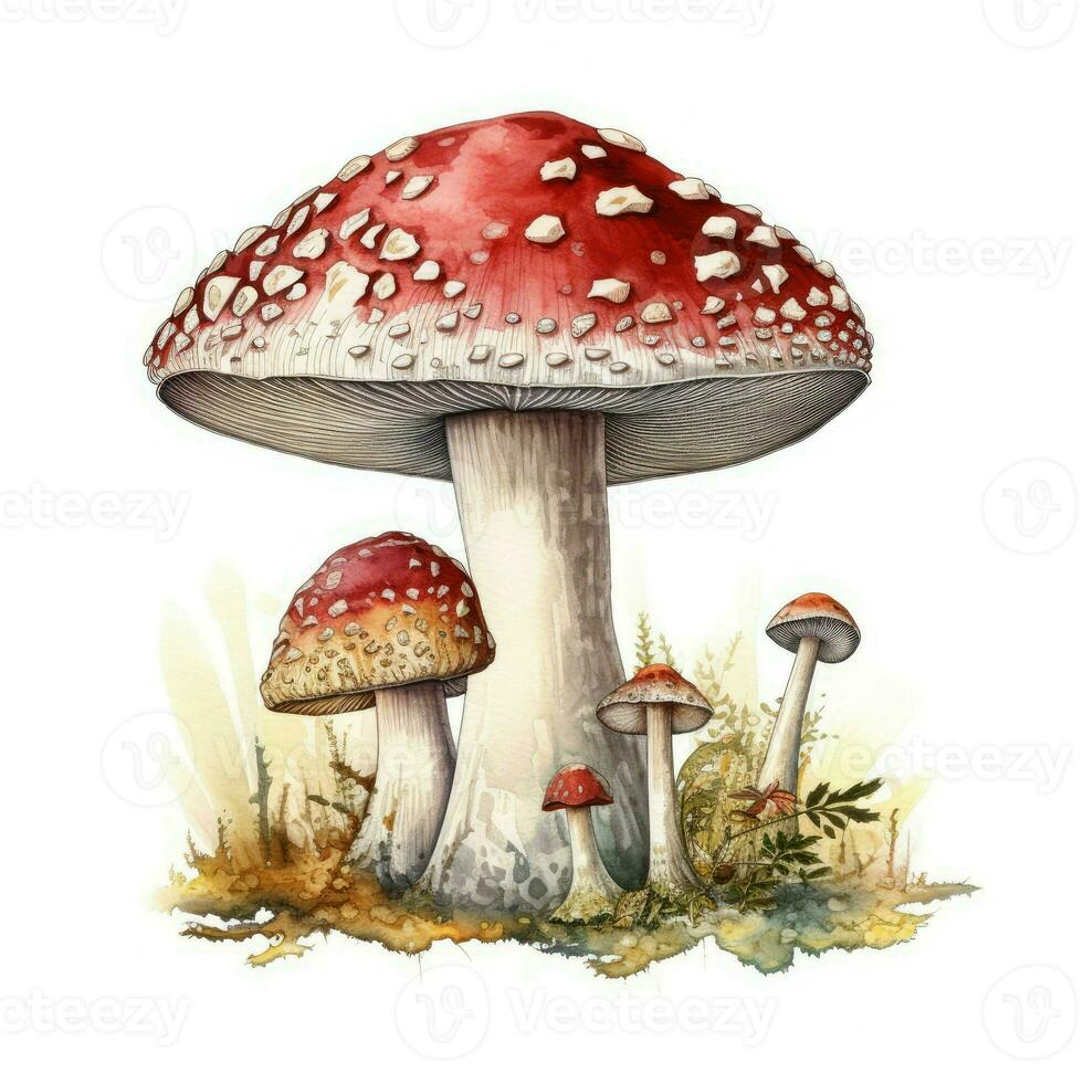 acuarela mosca agárico. bosque otoño seta con un rojo gorra. Arte ilustración creado con generativo ai tecnología foto