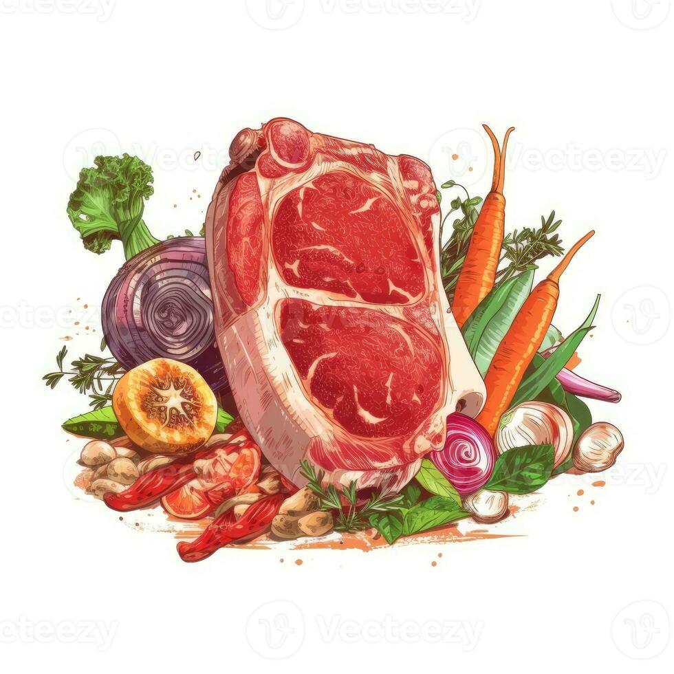 Meat fillet. Raw meat for cooking. Fresh Vegetables and spices. Watercolor illustration created with Generative AI Technology photo