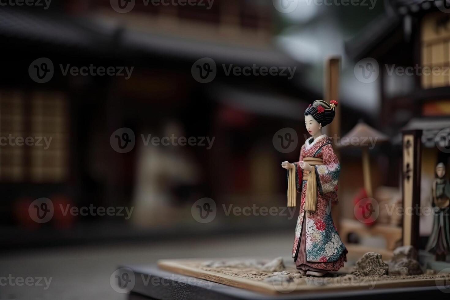 Miniature geisha in kimono. Japanese Asian diorama. Small woman in traditional costume created with Generative AI Technology photo