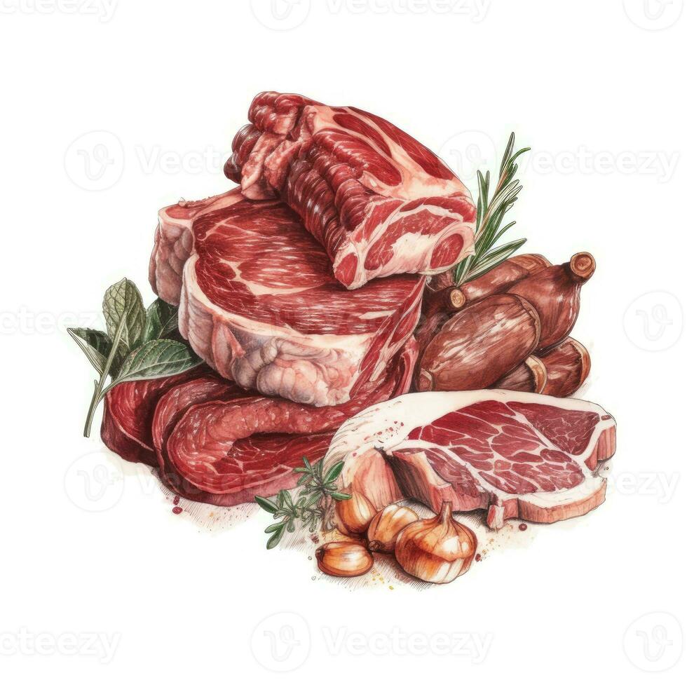 carne filete. crudo carne para cocinando. Fresco vegetales y especias acuarela ilustración creado con generativo ai tecnología foto