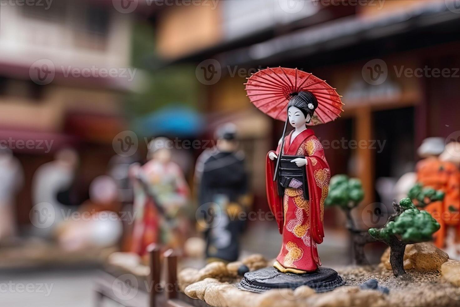 Miniature geisha in kimono. Japanese Asian diorama. Small woman in traditional costume created with Generative AI Technology photo