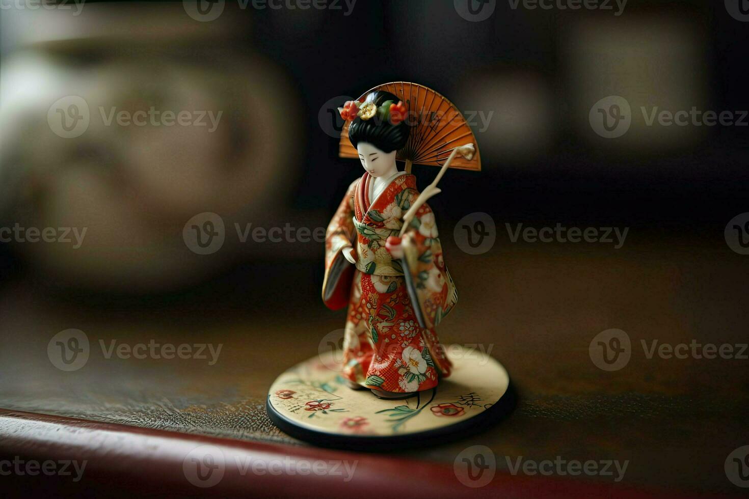 Miniature geisha in kimono. Japanese Asian diorama. Small woman in traditional costume created with Generative AI Technology photo