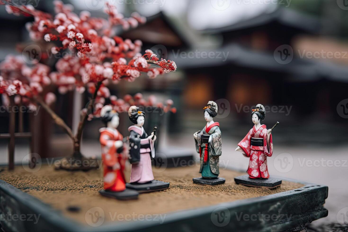 miniatura geisha en kimono. japonés asiático diorama. pequeño mujer en tradicional disfraz creado con generativo ai tecnología foto