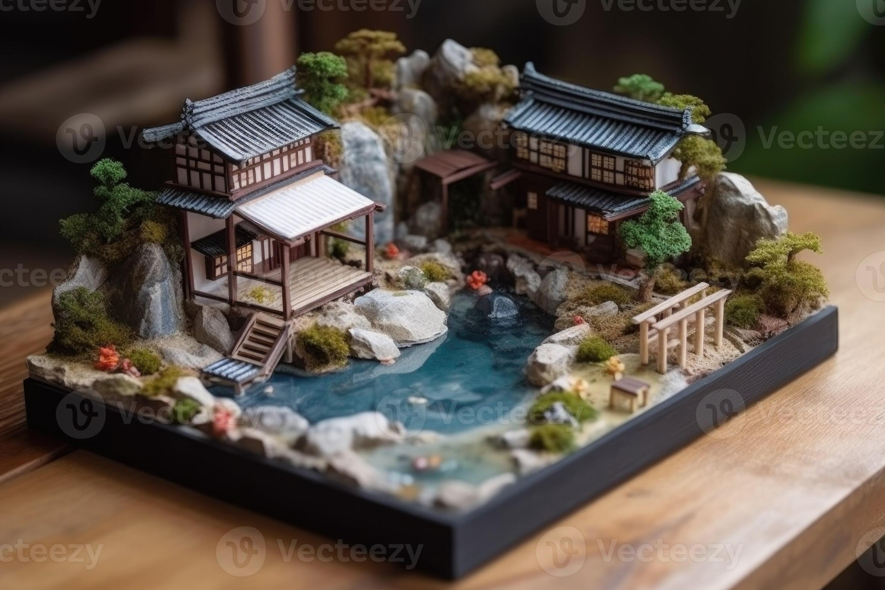 Diorama of Japanese garden. Hot spring, toy holiday home