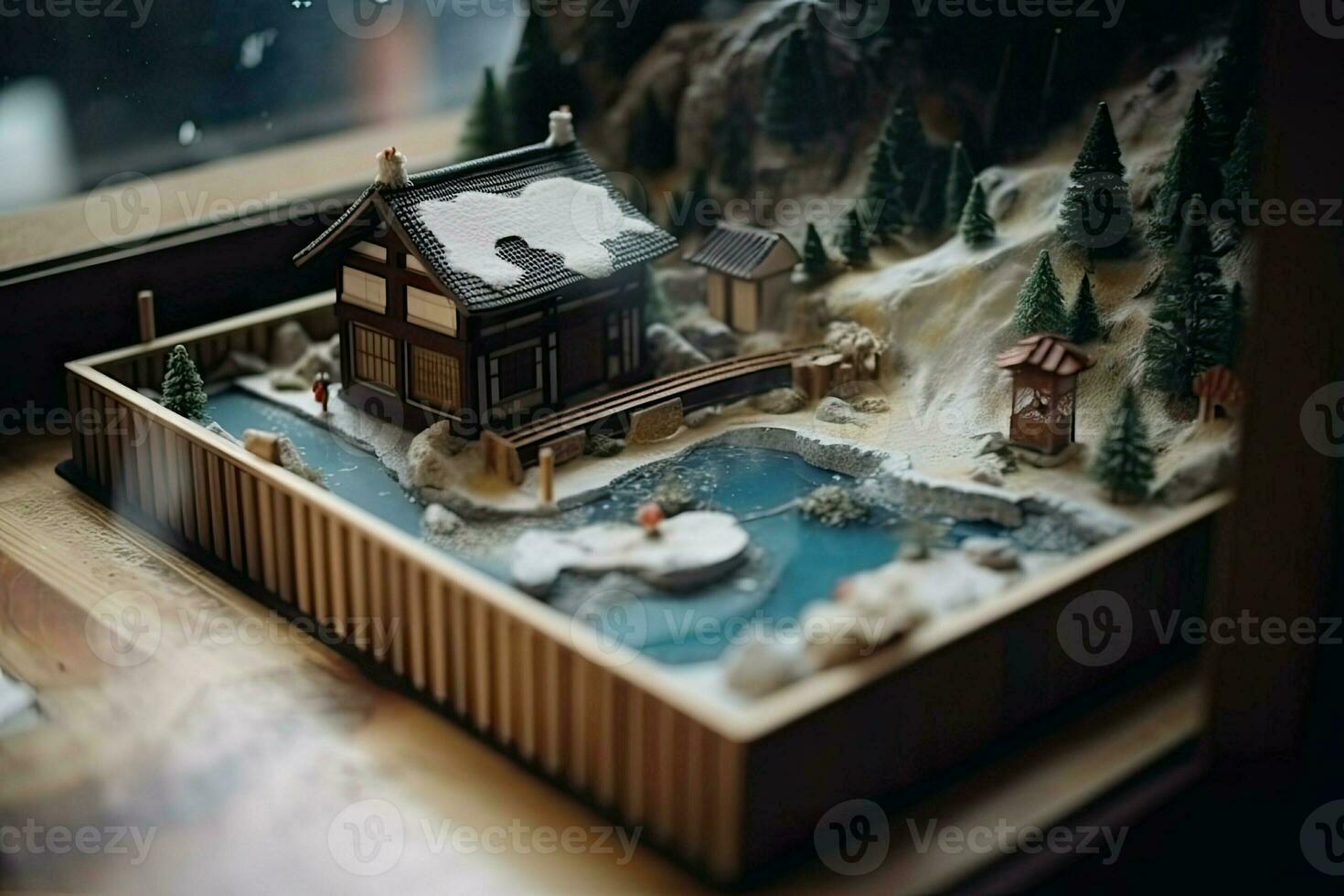 Diorama of Japanese garden. Hot spring, toy holiday home